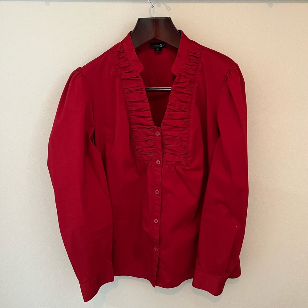 EAST 5th Red Women’s XL Classic Button-Down Blouse Long Sleeve V-Neck Top